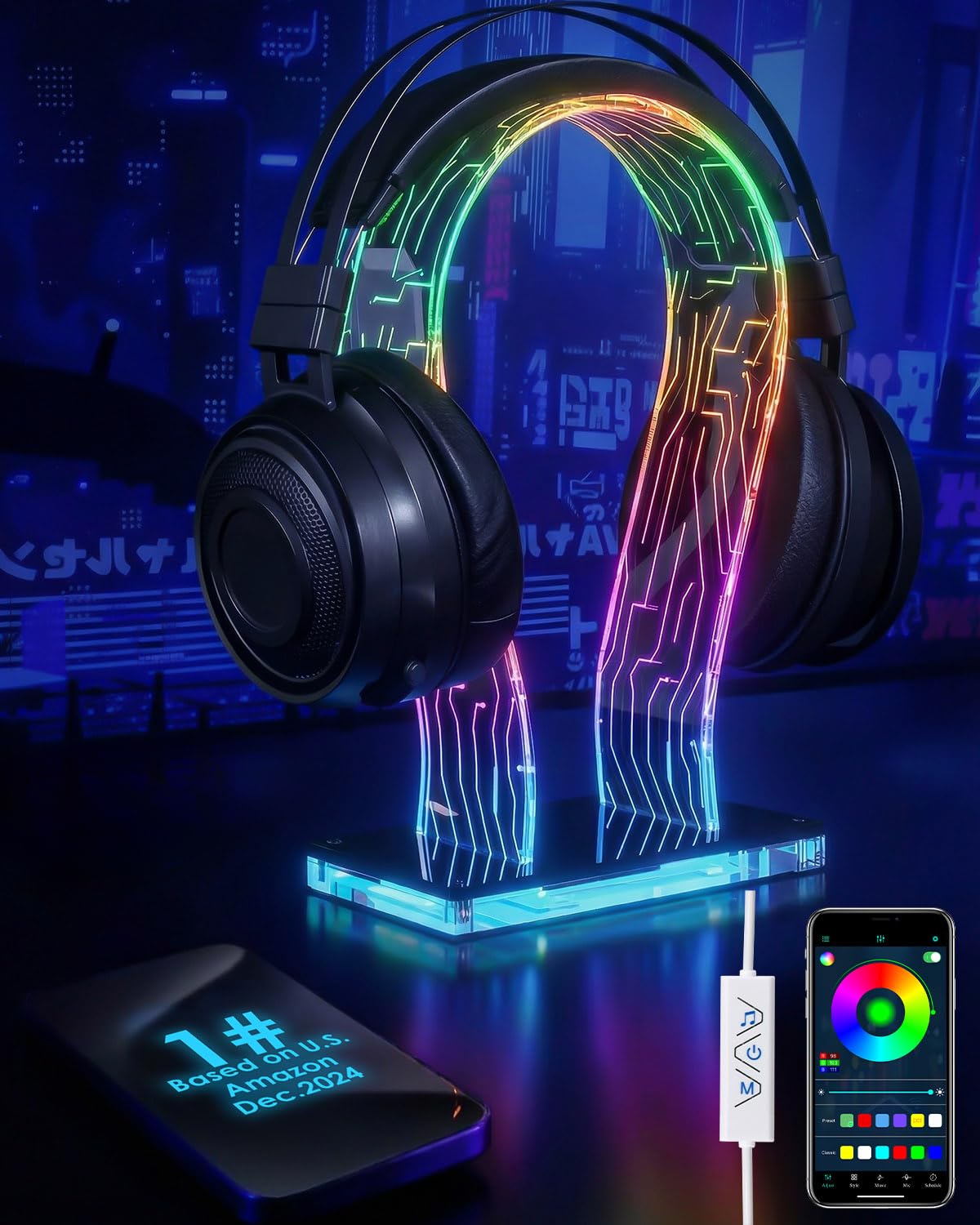 OAPRIRE Acrylic RGB Headphone Stand | Customizable 213 Lighting Modes & 60,000 Colors, Lights Sync with Music Beat, Headset Stand with 4.8ft USB Power Cable & Sturdy Build