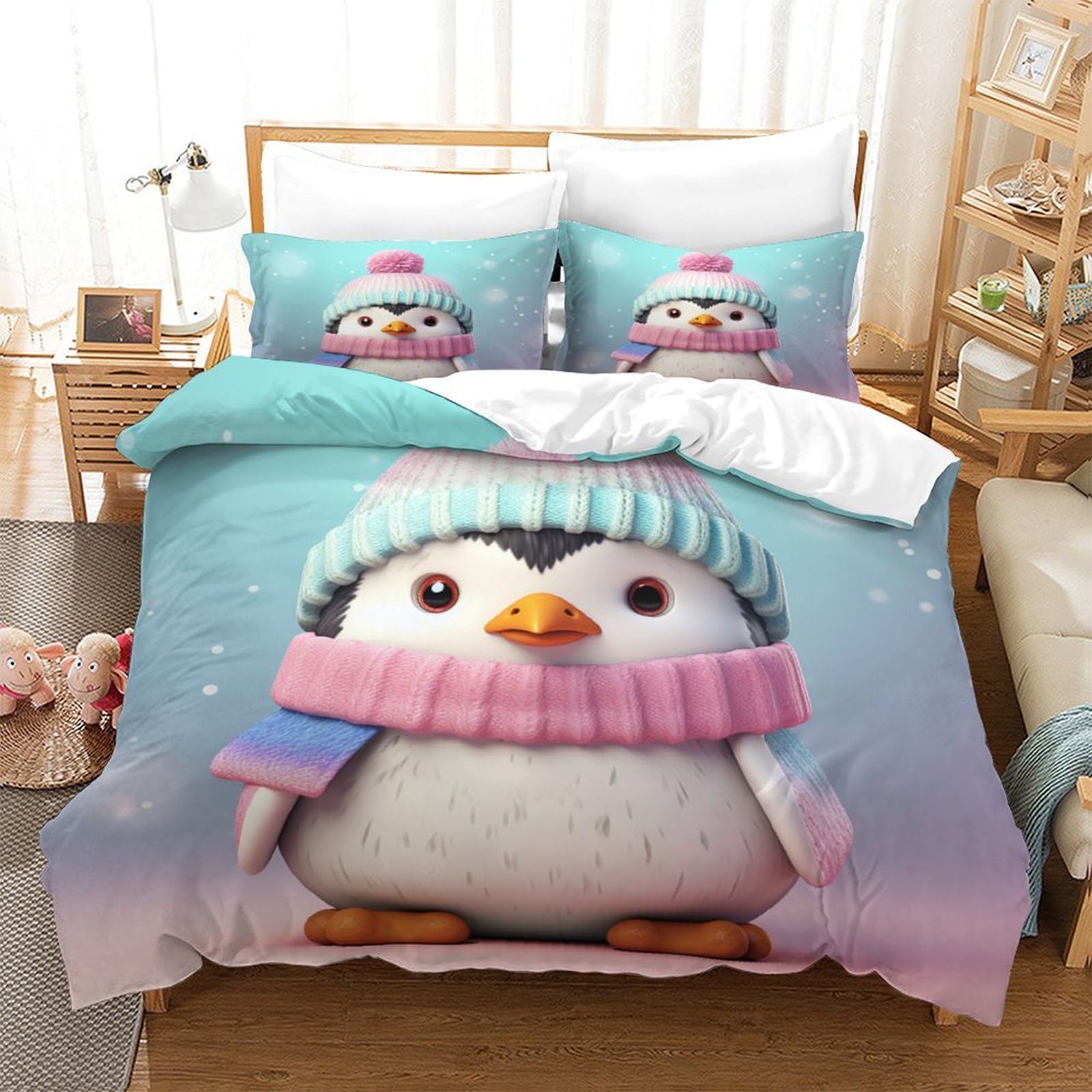Housse de couette pingouin 140x200 cm infroissable avec zip pour lit simple enfant