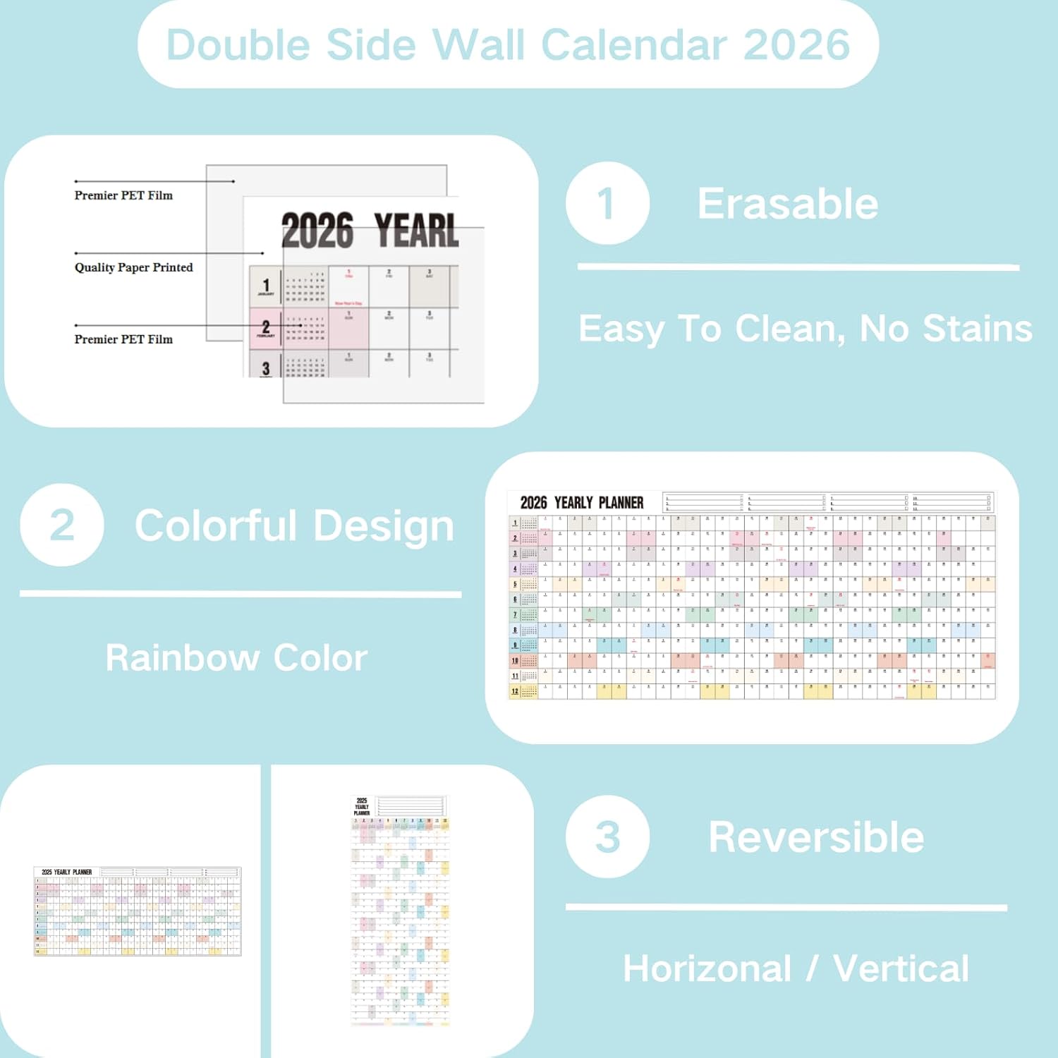 Yearly Wall Calendar 2026 Dry Erase Calendar for Wall, Large Reversible Erasable Laminated Full Year Wall Calendar One Page, Horizontal/Vertical, 17"X 40" (Open), Rolled in Tube 2026 17X40