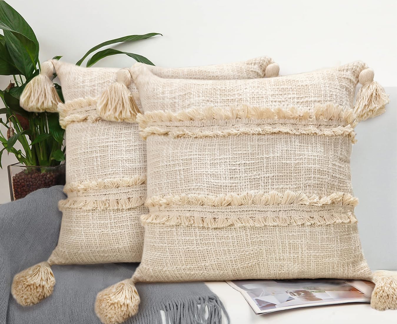Bird Wing Decorative Throw Pillow Covers 18x18 Inch, Soft Boho Cotton Couch Cushion Pillow Covers for Home, Set of 2, Beige Color