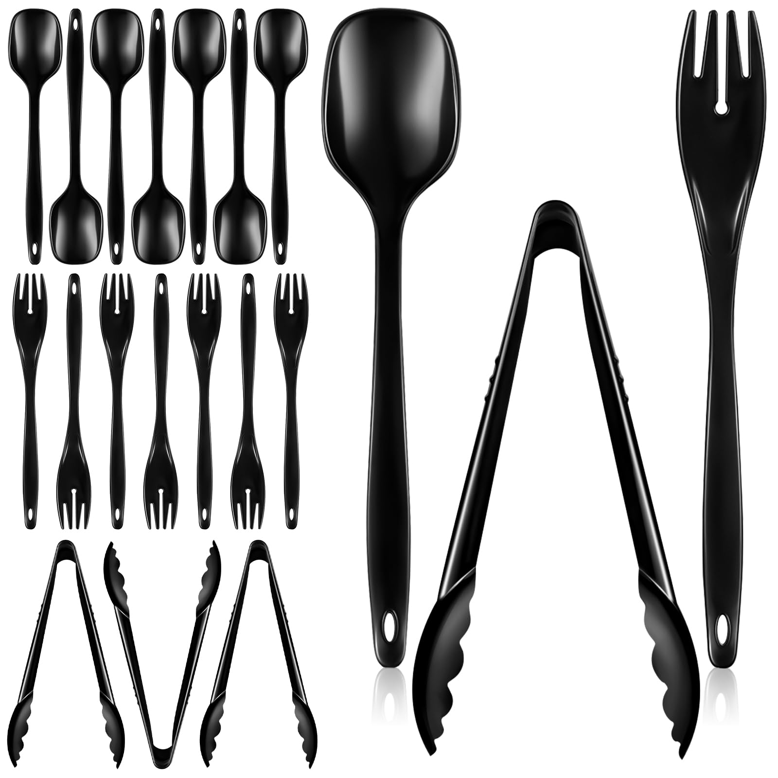 20PCS Disposable Plastic Serving Utensils for Parties, Buffet Serving Utensils Set-8 Black Plastic Serving Spoons, 4 Tongs and 8 Forks for Catering, Entertaining and Parties