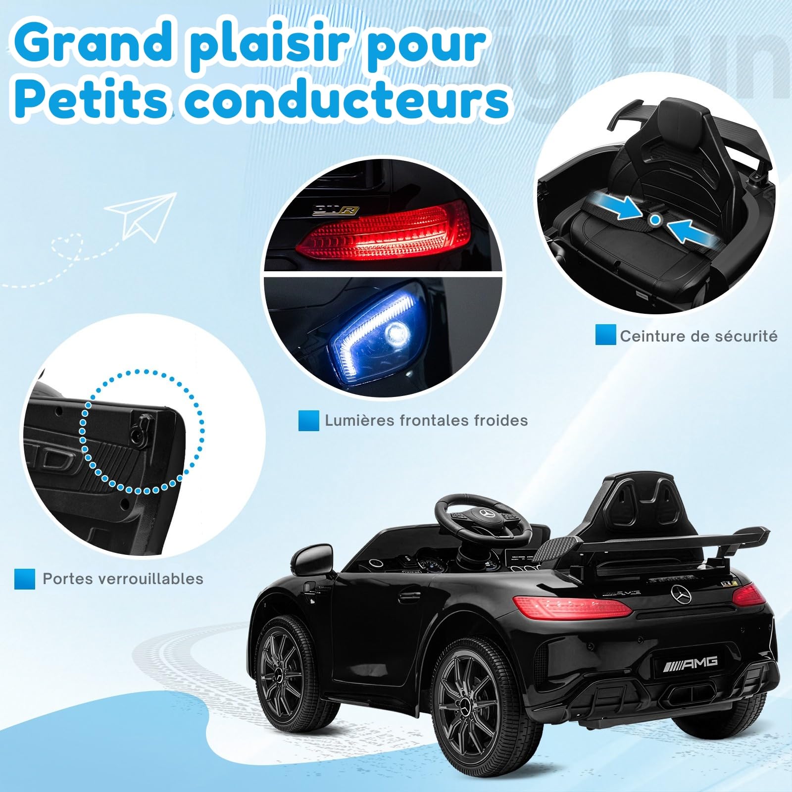 LALAHO Voiture électrique pour Enfants Mercedes GTR，Véhicule Electrique Enfant 3 à 6 Ans avec Télécommande 2.4G，2 Portes avec MP3 (Noir)