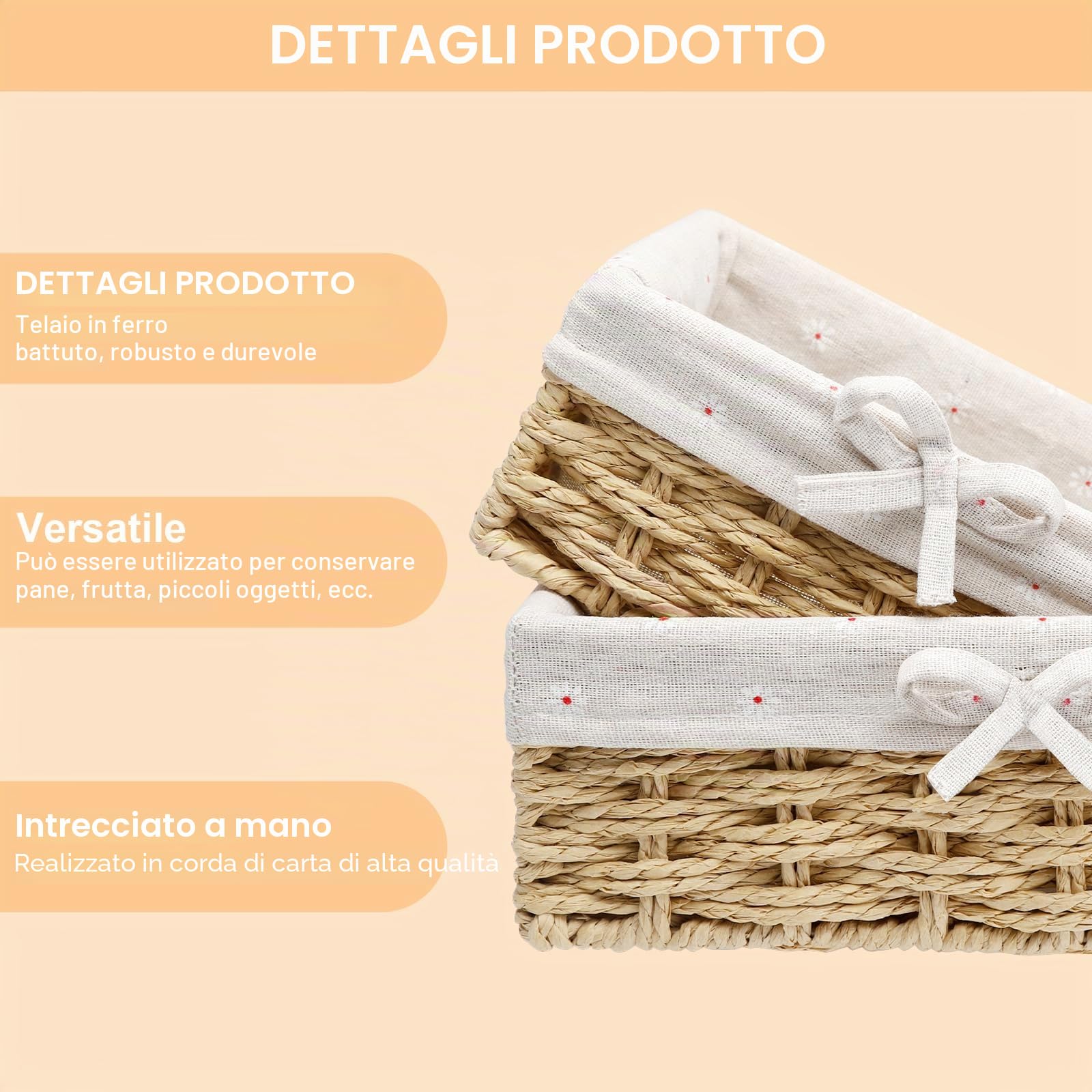 APOMOONS 2 Pezzi Cestino Pane con Foderato, 2 Misure Cestini Pane in Corda di Carta, Cestini Stoccaggio per Dolci Dessert Colazione, Cachi