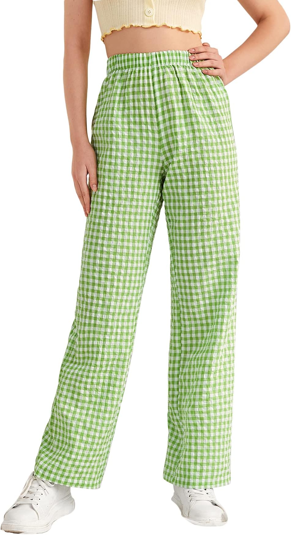 SOLY HUX Women's Casual Gingham Relaxed Fit Elastic High Waisted Straight Wide Leg Y2K Trousers Pants Lime Green M