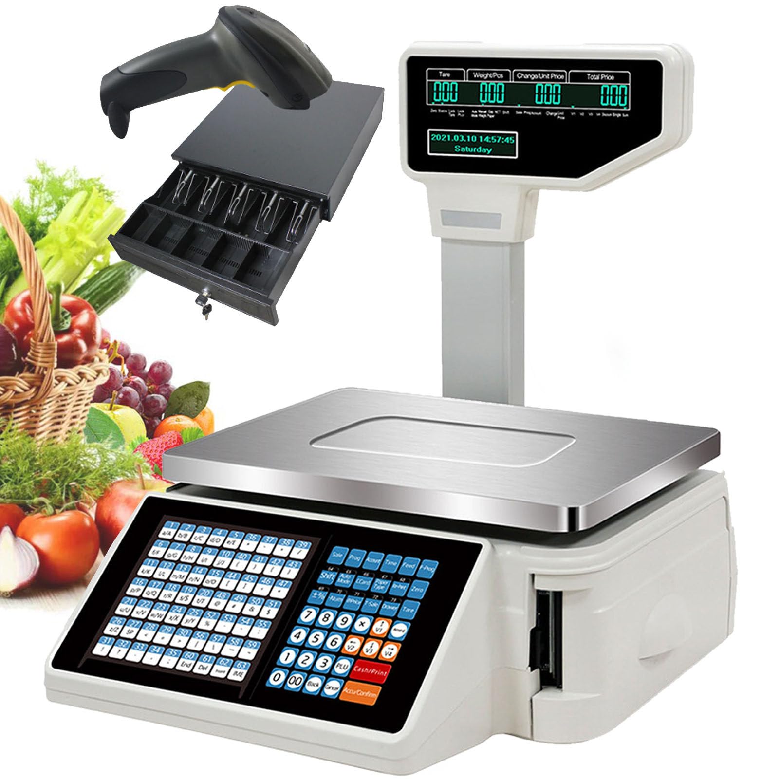 SaryEdge Digital Barcode Weighing Scales with Label and Receipt Printer, Back Front Dual Display, 63 Shortcut Keys, Commercial Label Printing Scales for Supermarket/Retail St,C