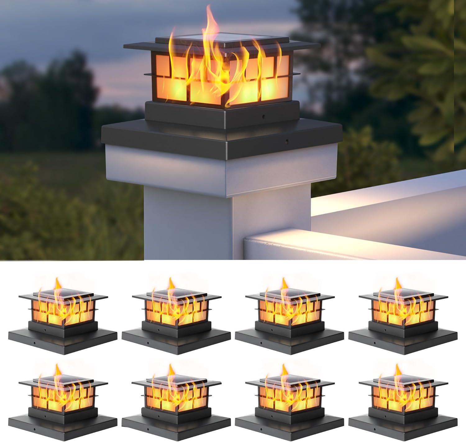 LUTEC 8 Pack Solar Post Cap Lights, IP65 Waterproof Solar Flame Fence Post Lights for 4x4 5x5 6x6 Wooden/Vinyl Posts, Flickering Flame Warm White 3000K LED Lighting Decor for Yard, Patio, Deck, Black