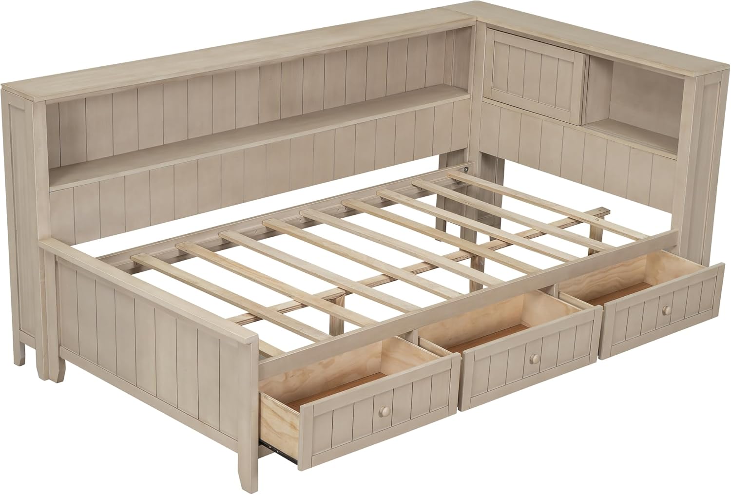Twin Size Daybed with 3 Storage Drawers and L-Shaped Bookcase Headboard, Pine Wood Corner Bed Frame with Shelves and Slat for Kids Boys Girls Teens, Antique White Milk
