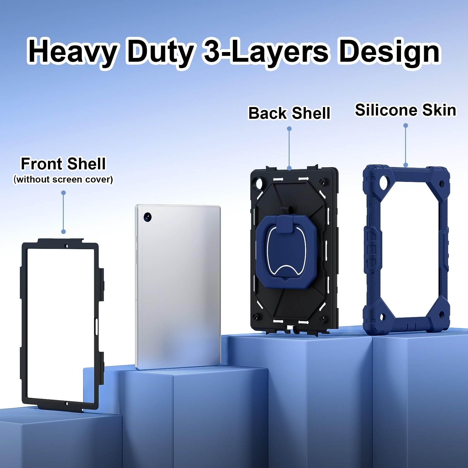Etui Galaxy Tab A8 kompatybilne z etui Samsung 10,5 cala (SM-X200/X205) 2021 Wytrzymałe, odporne na wstrząsy, ochronne obrotową podpórką 360° + pasek rękę + ramię(Navy+Black)
