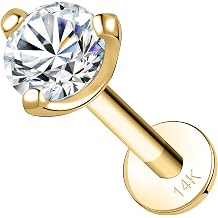 SYLWIA 14K Real Gold Lip Rings Stud, 16g Internally Thread Ashley Piercing Lip Jewelry, Moissanite - 2.5mm 3mm, 18g Nose Conch Helix Tragus Labret Stud for Women Men