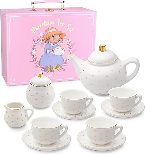 Miniatura 7 de Juego de té de porcelana para niñas, juego de fiesta de té de lunares de lavanda y oro para niños, completo juegos de té para niños con funda de