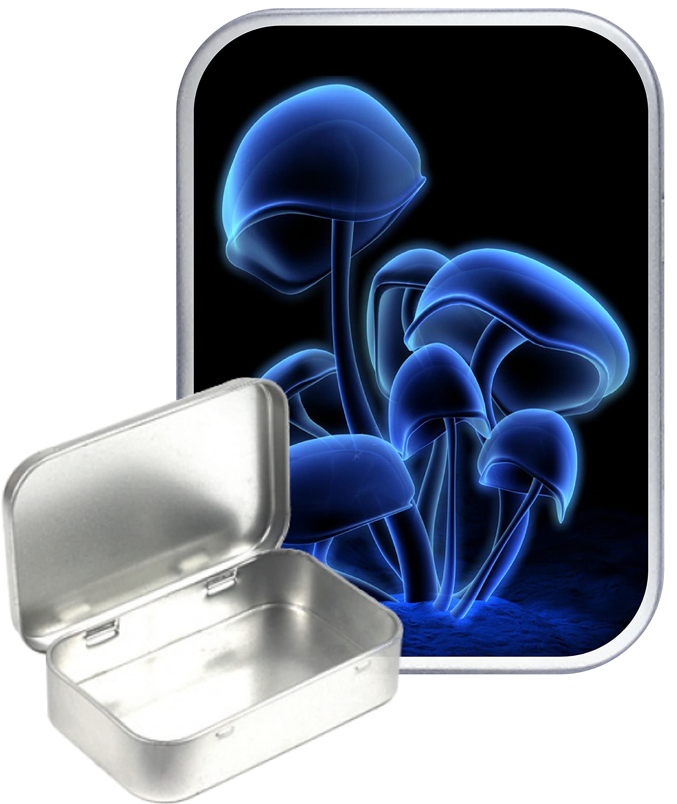 TEEZ Blue Mushroom Hinged Tin,Small 30ml Tin, Pill Tin, Pocket tin, Gift Box, 1oz Tobacco tin