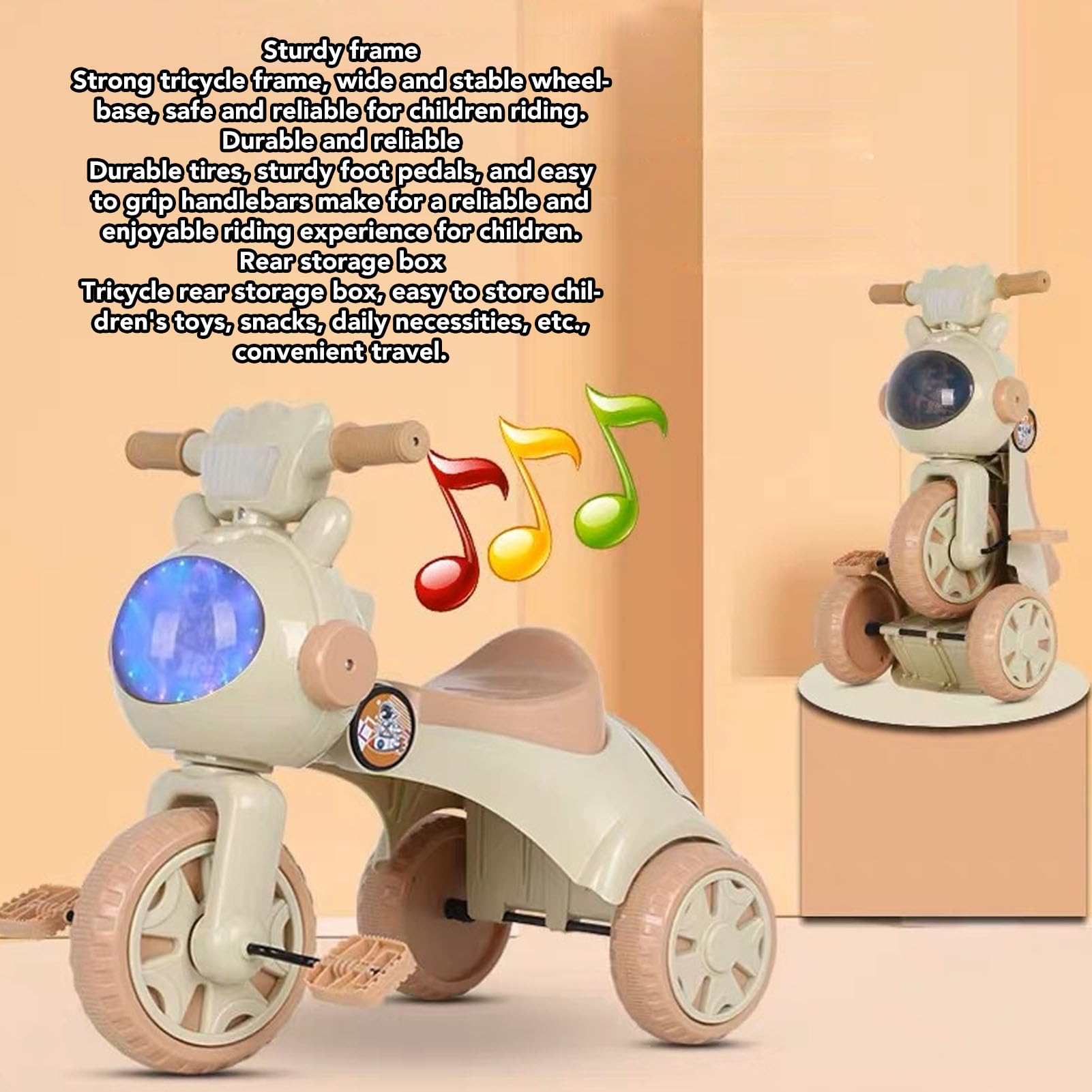 Toddler Tricycle, Foldable Electric Kids Tricycle with Music & Lights, Rear Storage Box, Plastic Trike Toy for 1-4 Years Old
