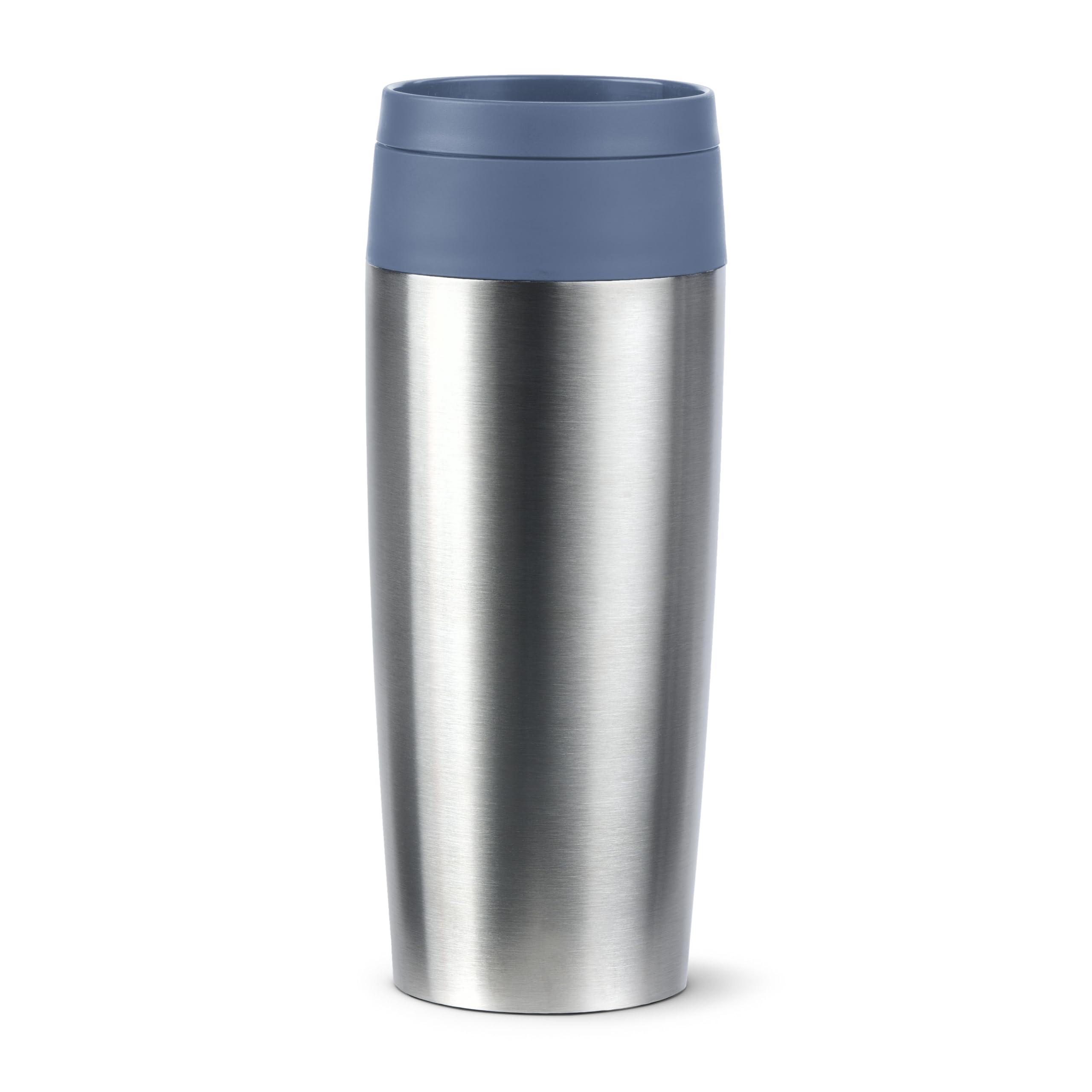 Emsa Travel Mug Eco Isolierbecher, 0,36 l, Comfort-Schraubverschluss, Quick-Press, Öko-Design, 100% dicht, hält Getränke 4h warm und 8h kühl, 360°-Rundum-Trinköffnung, Edelstahl/Blau, N2024100