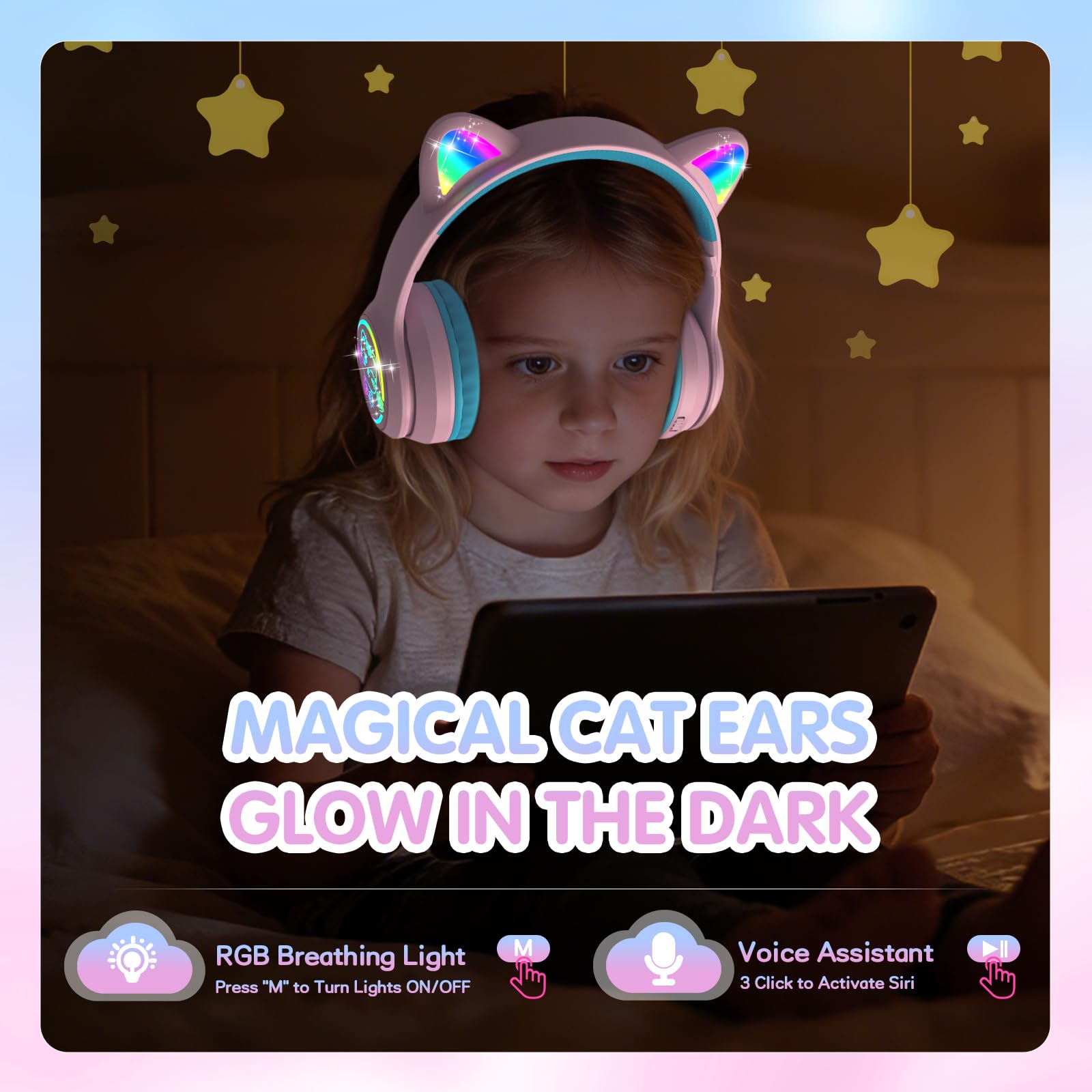 IFECCO Cuffie Bluetooth per bambini senza fili con custodia – Cuffie over-ear con luci LED, orecchie da gatto, limitazione del volume a 85 dBA, microfono integrato, compatibili con iPad/tablet/scuola