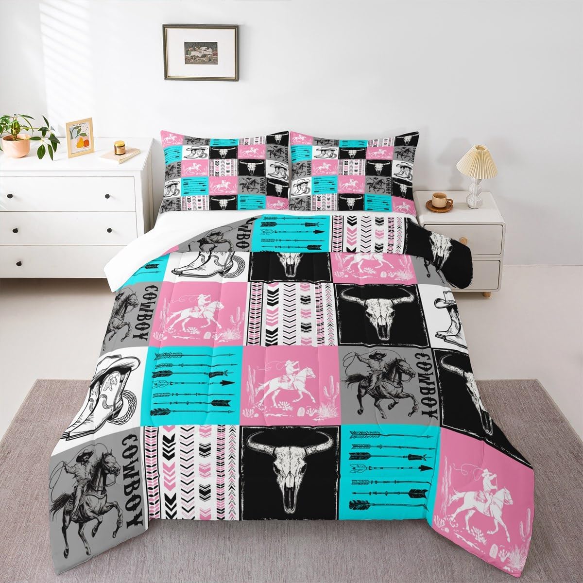Manfei Cowboy Comforter Set Twin Size, Bull Skull Horse Arrow Bedding Set 2pcs for Kids Boys Girls Room Decor, Geometric Grid Blue Pink Plaid Quilt Set Western Duvet Set with 1 Pillowcase - Image 7