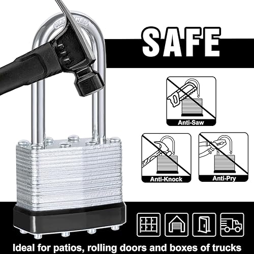 Miniatura 6 de 6 candados con las mismas llaves, acero laminado negro plata (1-916 pulgadas, 1.575 in), grillete largo para cobertizos, puertas, vallas, caja de