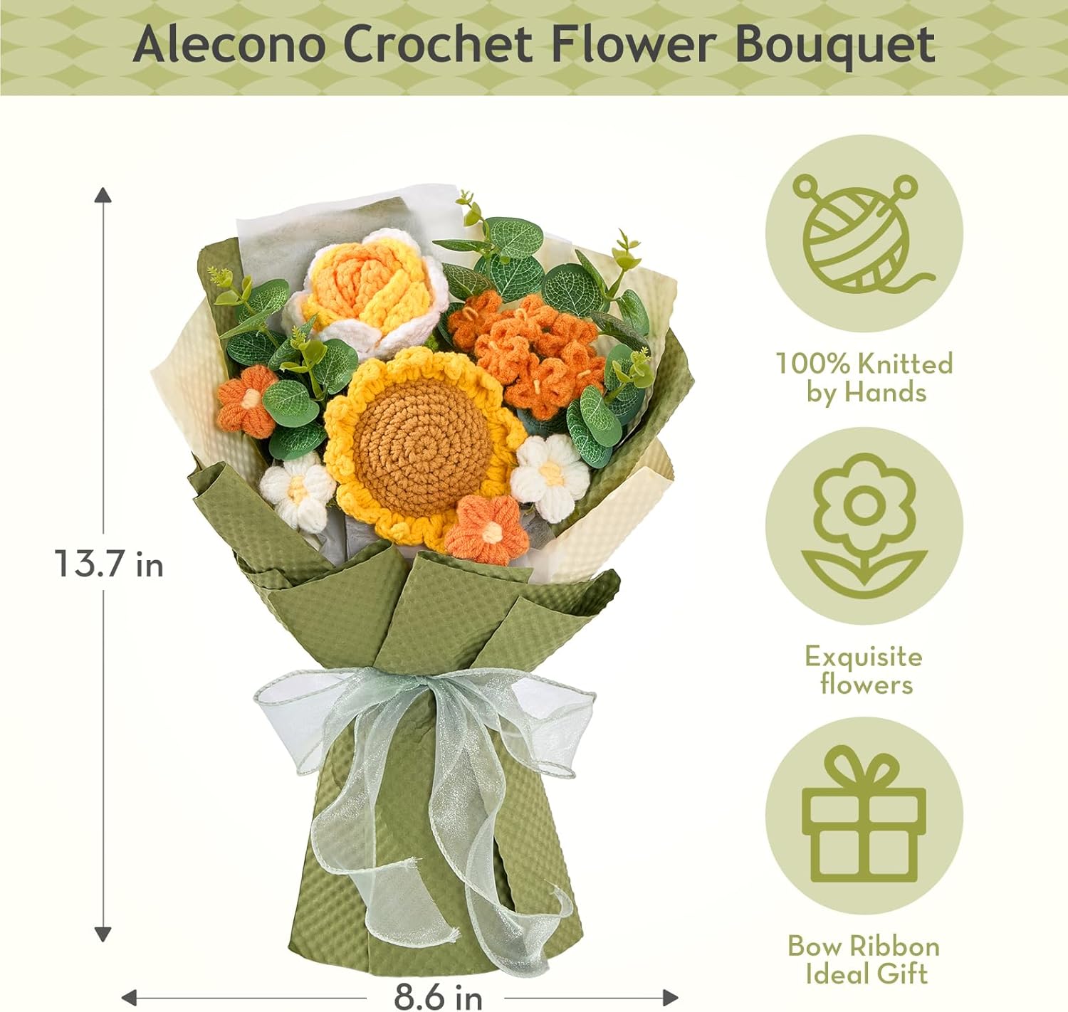 Alecono Crochet Flower Bouquet, Knitted Sunflower Flowers, Green Handmade Bouquet of Flowers for Lover Anniversary Birthday Party Mother's Day Graduation Gifts (Include Card)