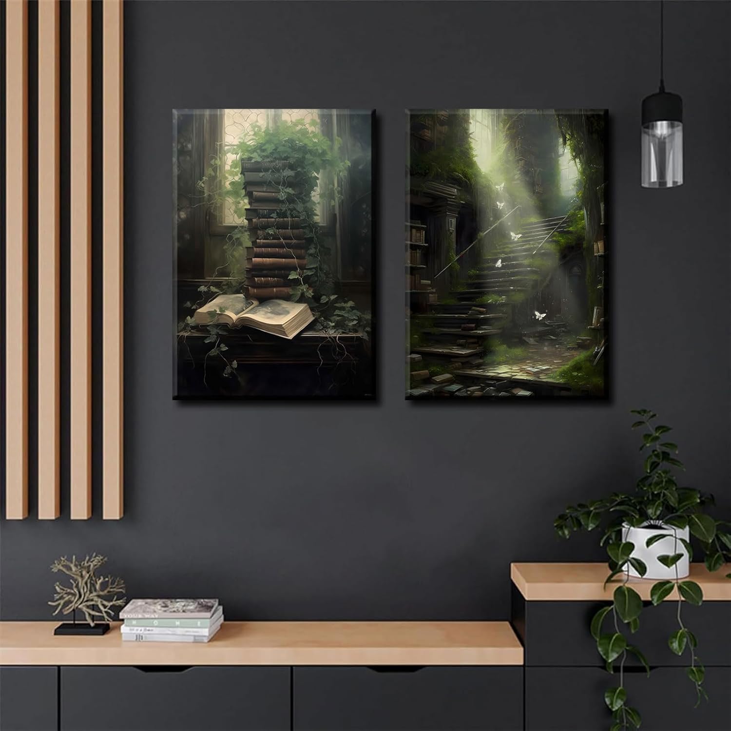 2Pcs Dark Academia Canvas Wall Art Vintage Moody Book Green Botanical Cottagecore Posters Prints Victorian Gothic Aesthetic Gallery Library Room Decor Pictures 12x16in