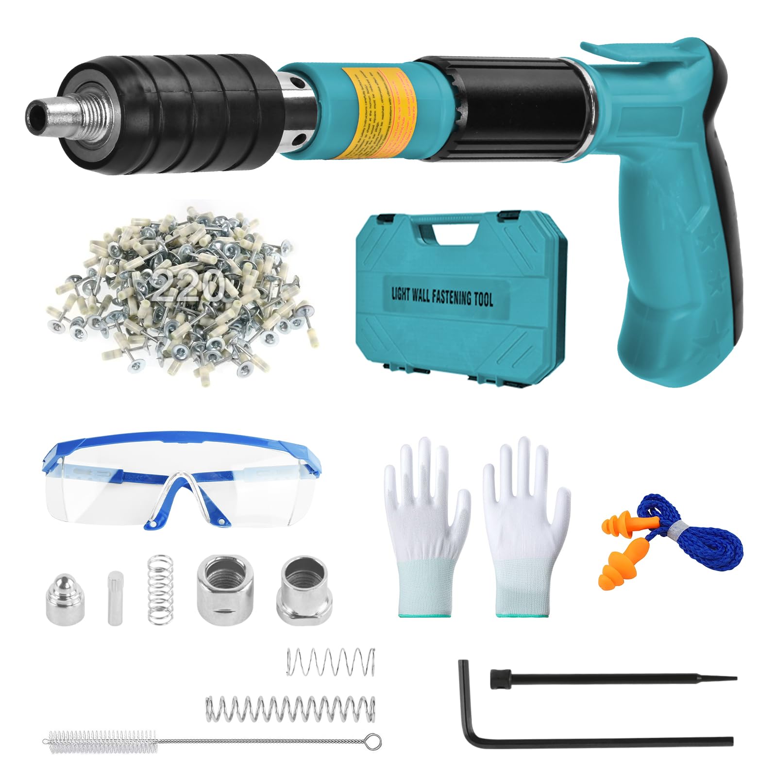 Pistola de Clavos Manual Clavadora Pistola Clavos Hormigon con 220Clavos Pistola de uñas Acero Ajustable de 5 Velocidades con Silenciador Nail Gun Clavadora cemento para Pared Acero Cementode Concreto