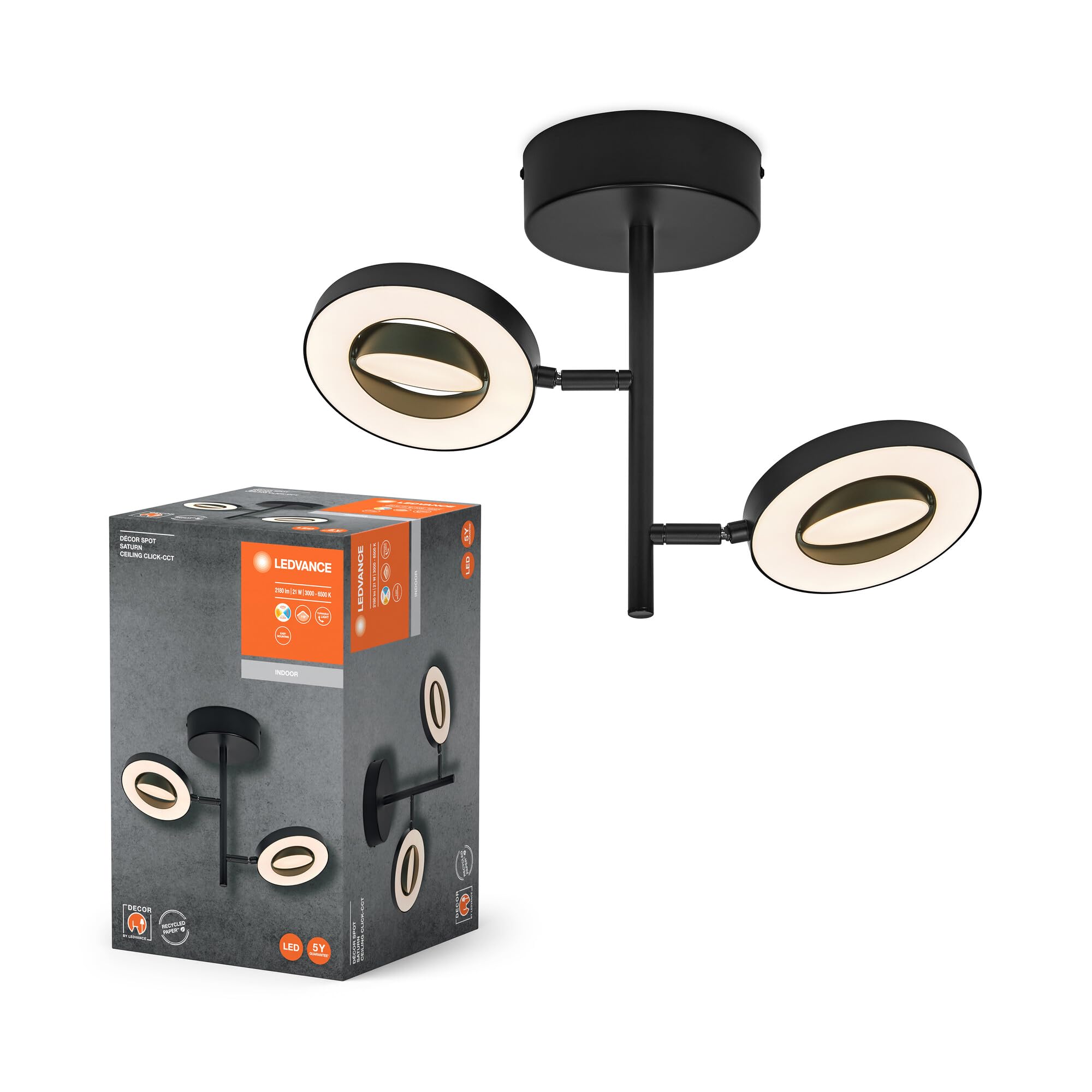LEDVANCE Decor SPOT Saturn, 21W, 465lm, Black, Spotlight, Adjustable Heads, Versatile, Indoor spot, 3-Stage Color Temperature Control, high-Quality housing