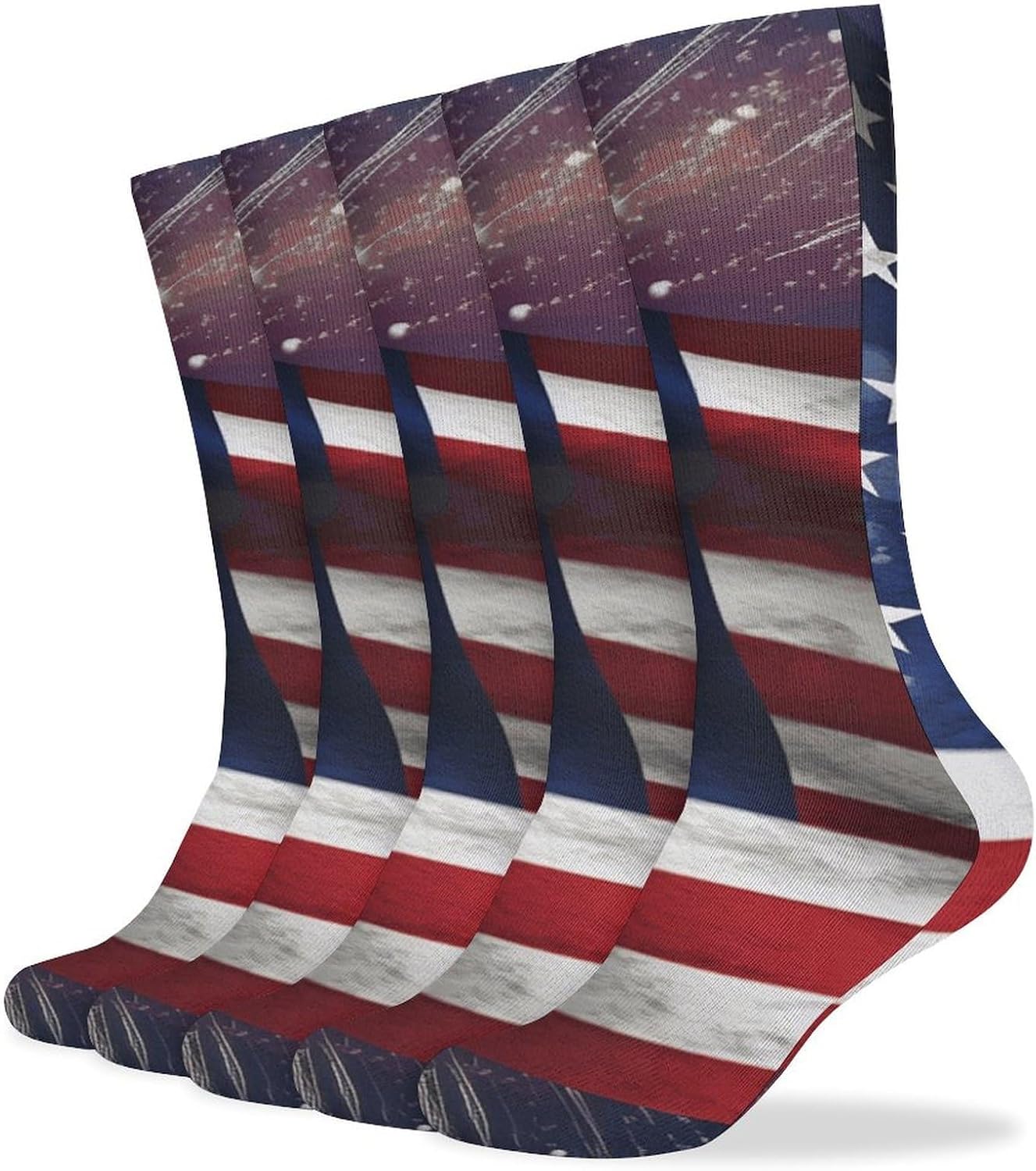 5 Pairs Knee High Socks USA Flag Long Tube Boot Seamless Toe