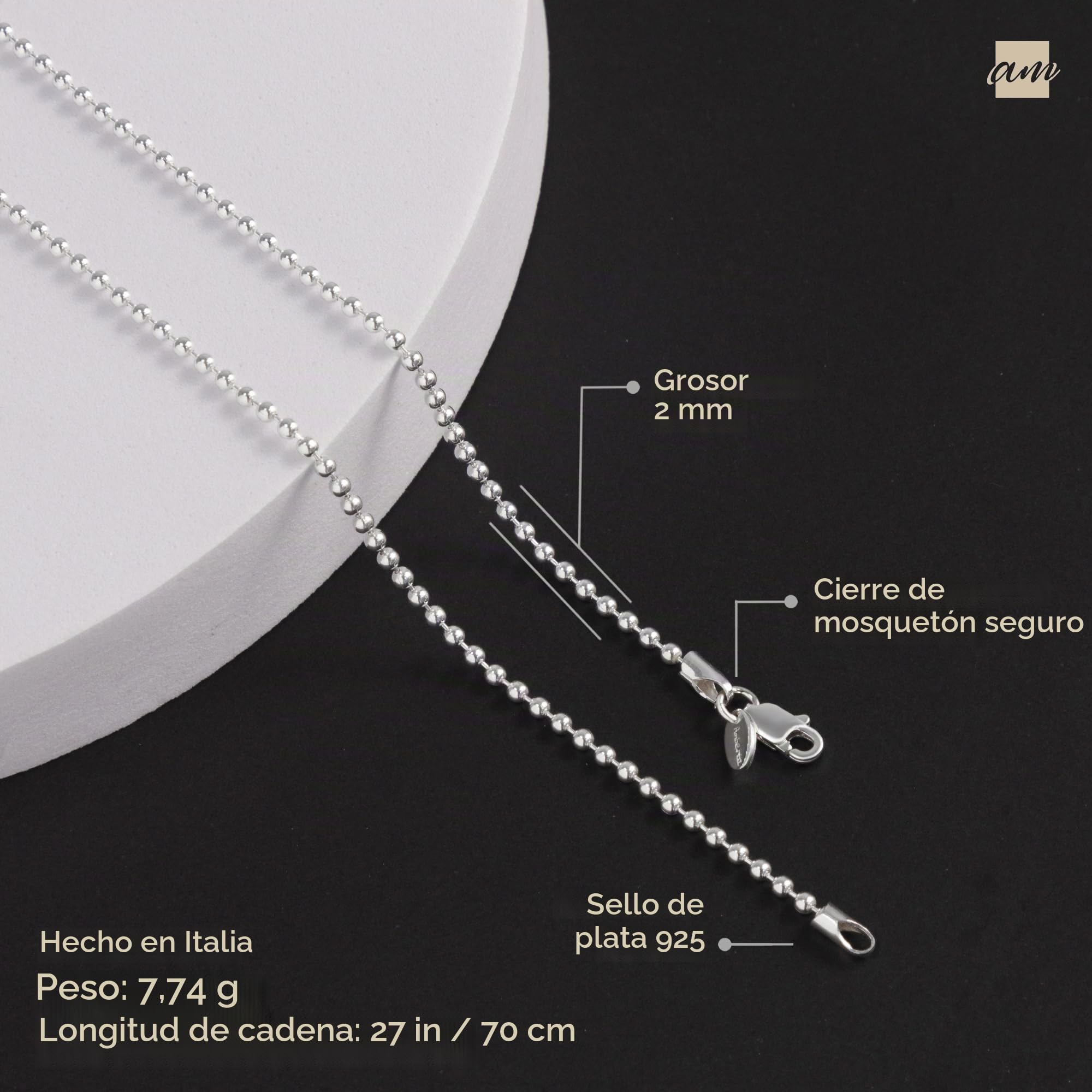 Amberta Cadena de Bolas en Plata de Ley 925 para Mujer 2 mm