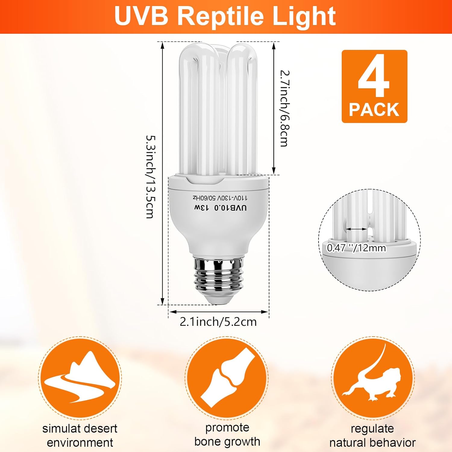 VIHOSE 4 Pack UVB Reptile Light Bulb 13w 10.0 UVB Bulb for Desert Reptiles Pet Light for Turtle Compact Fluorescent Terrarium Lamp for Bearded Dragon, Lizard, Tortoise, Iguanas, Snake, Gecko