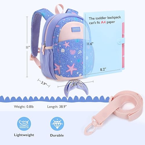 Miniatura 6 de mommore Mochila de neopreno para niñas de 2 a 4 años con correa para niños, caricaturas 3D para preescolar y jardín de infantes, sirena