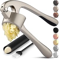 Zulay Kitchen Large Garlic Press Set - Rust-Proof Mincer Crushes Unpeeled Cloves, Silicone Peeler & Brush Included (Silver)