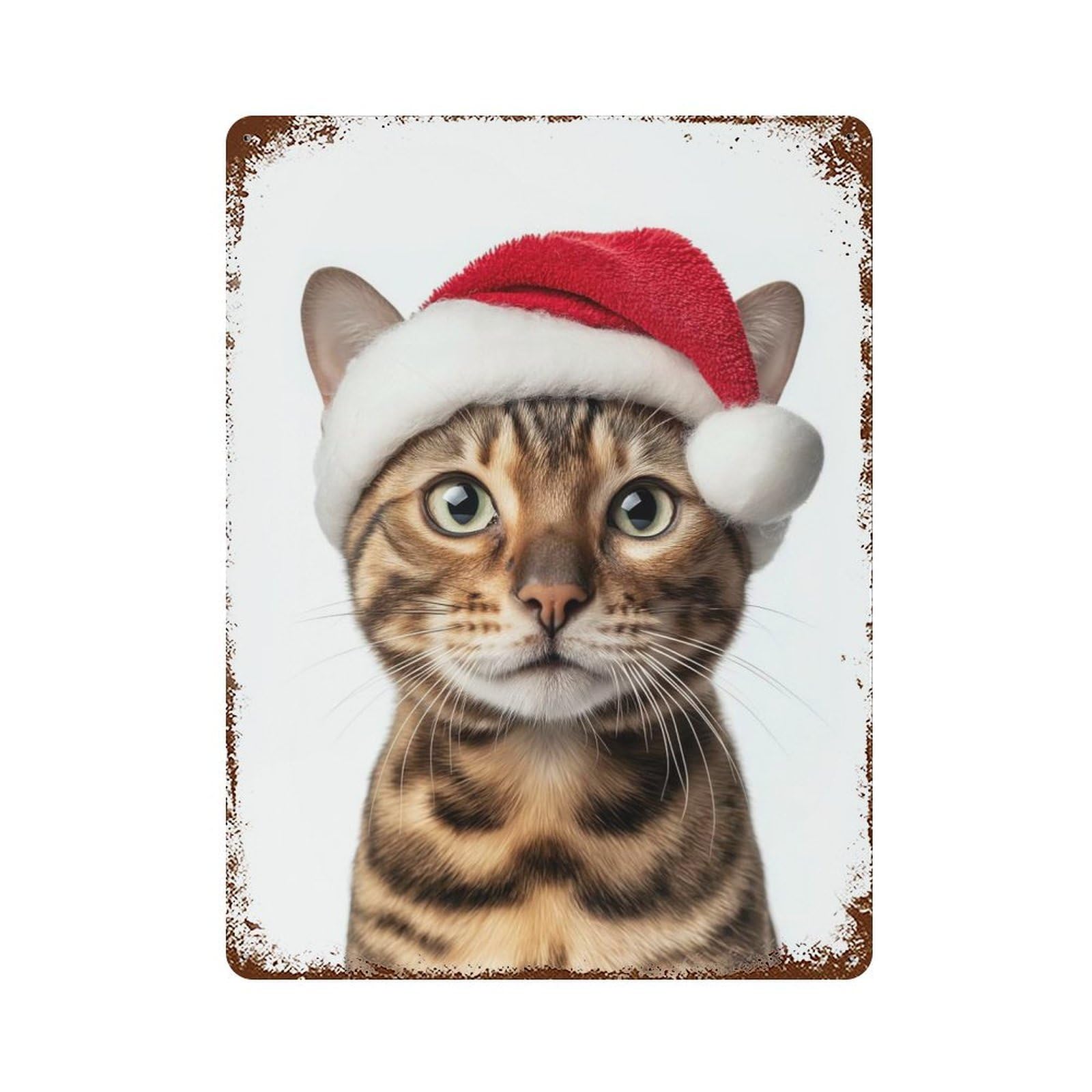 Bengal Cat Wearing A Santa Hat 15.7"x11.8" Aged Metal Wall Plaque, Retro Wall Decor for Farmhouse, Kitchen And Entryway Decor