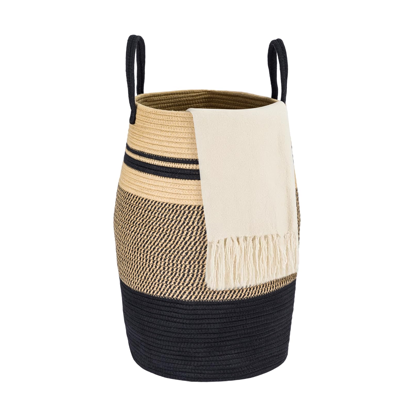 SUNNYNEST Cotton Rope Basket Large Blanket Basket Woven Storage Basket Toy Storage Organiser Nursery Decor Laundry Hamper with Handle Bedroom and Living Room (Black Brown)