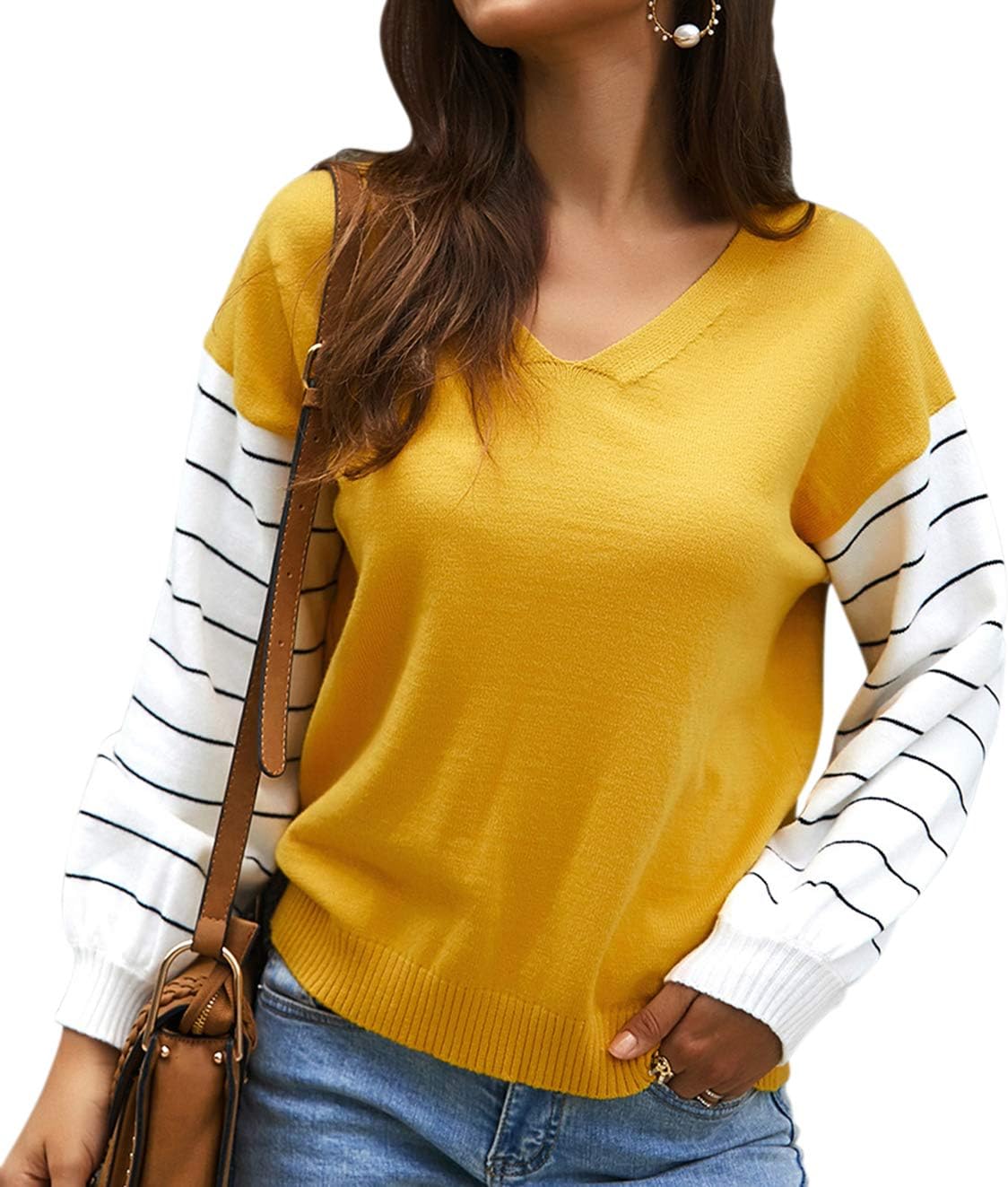 wenseny MujerSuéteres HombroCaído VCuello RayasJerséis Patchwork