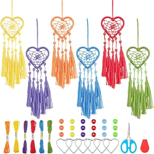 Miniatura 1 de INFUNLY Juego de 6 atrapasueños pequeños de bricolaje, atrapasueños de corazón arco iris, kit de manualidades de macramé para decoración colgante,