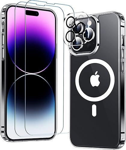 MOZOTER Funda magnética para iPhone 14 Pro Max, compatible con MagSafe, antiamarilleo, protector de pantalla de vidrio y protector de lente de