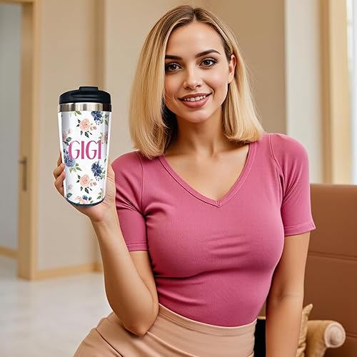 Miniatura 6 de Yipaidel GiGi - Taza de café de viaje de acero inoxidable con diseño floral de acuarela azul, de 13 onzas, divertida botella de agua aislada, regalo