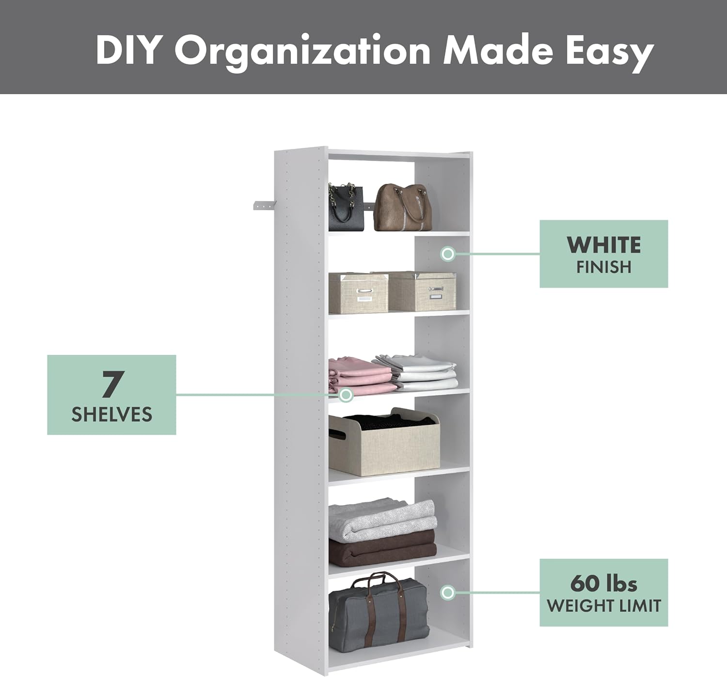 Easy Track PH38-WH Living Essentials - Shelf Tower Wood Closet Organizer, White