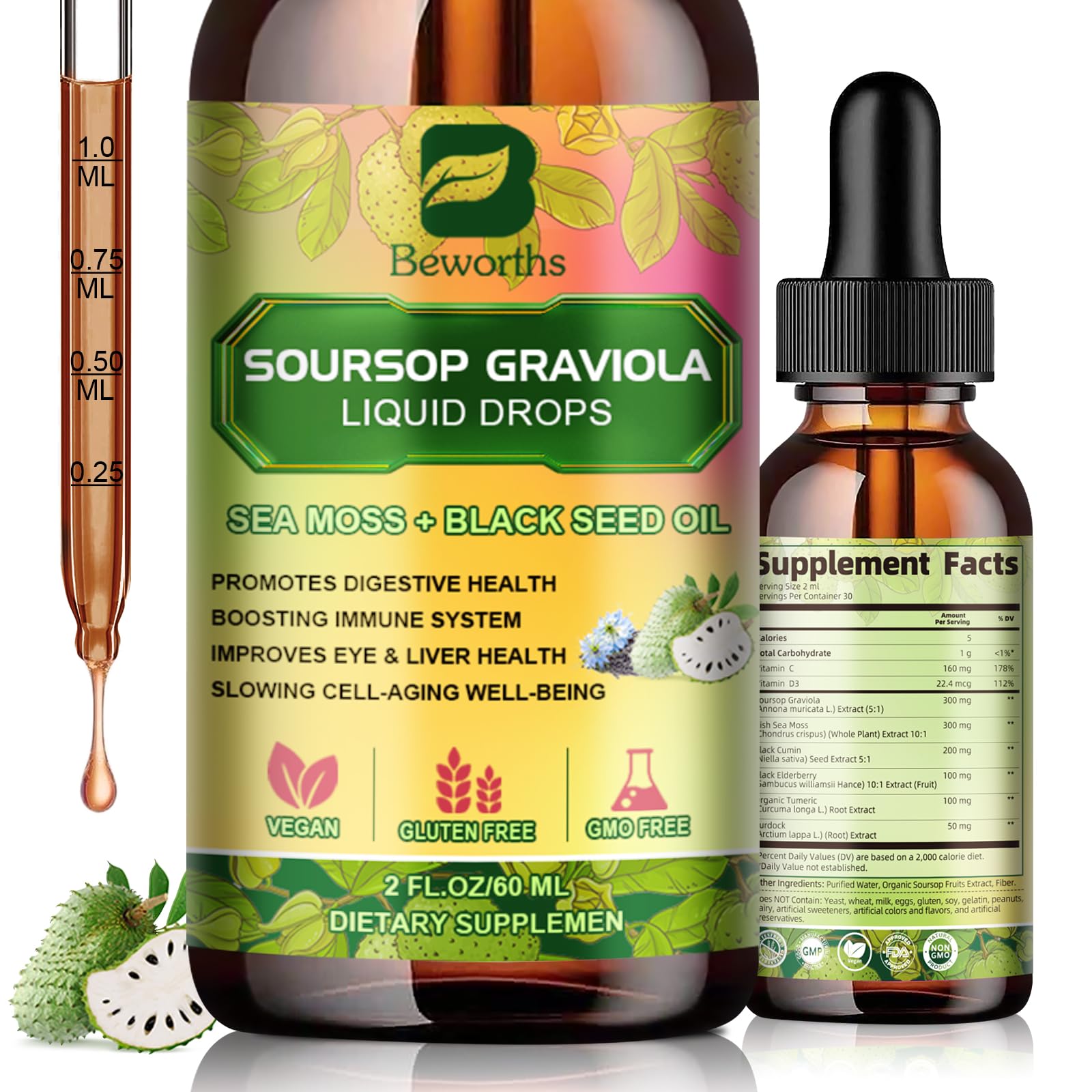 Soursop Bitters Liquid Drops with Irish Sea Moss, Black Seed Oil, Soursop Graviola Leaves Extract - Multivitamin Complex Supports Antioxidant, Slowing Cell-Aging, Gut Cleanse, Detox & Immunity Health