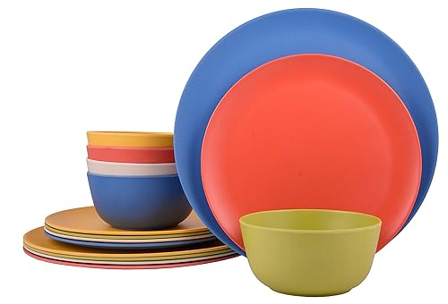 Melange Juego de vajilla de bambú de 18 piezas (colección Rounds)  Platos y cuencos de bambú a prueba de roturas y resistentes a las astillas  Color