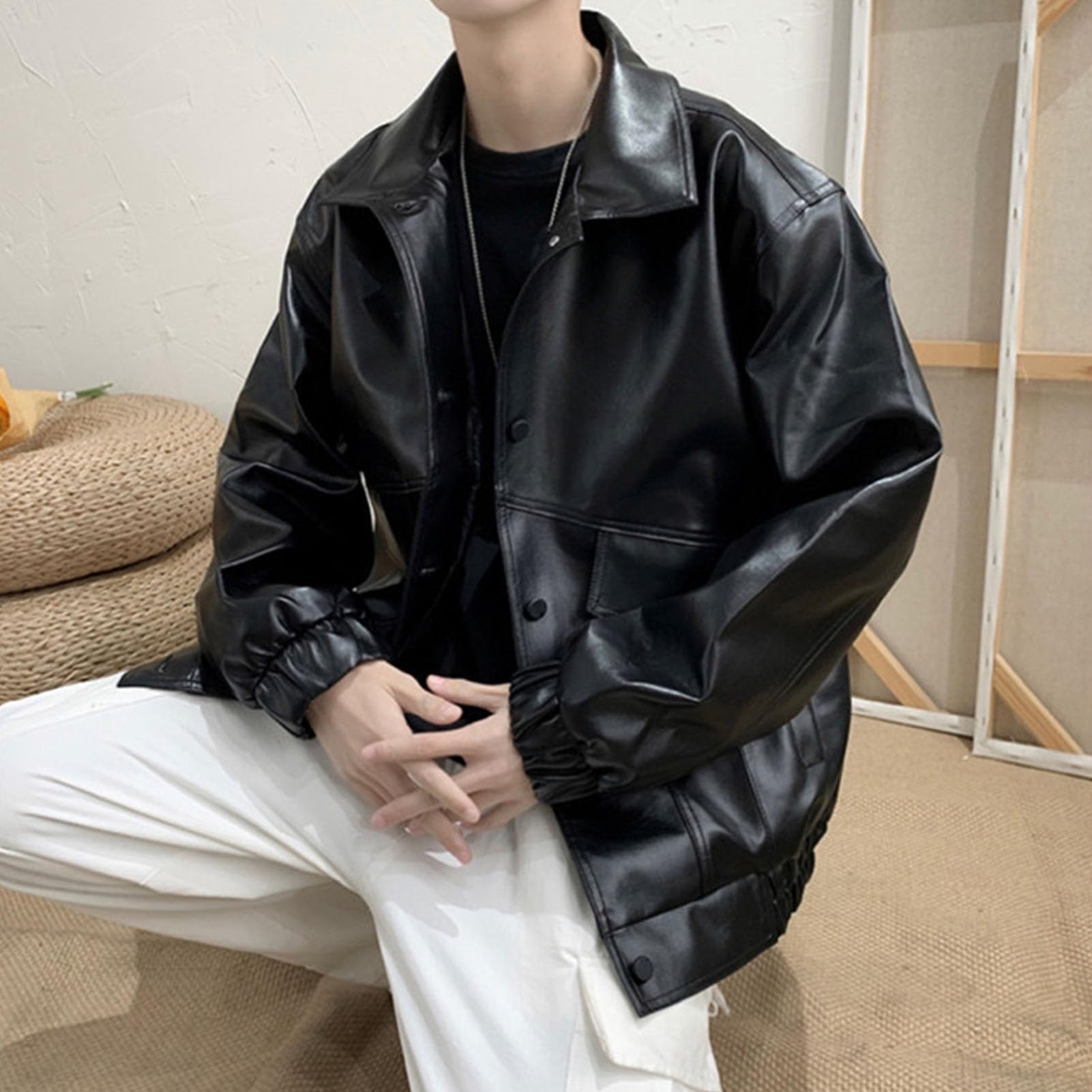 Maiyifu-GJ Mens Faux Leather Jacket Zip-Up Motorcycle Bomber Coat Black Biker Lightweight Outwear With pocket (Black,Medium)