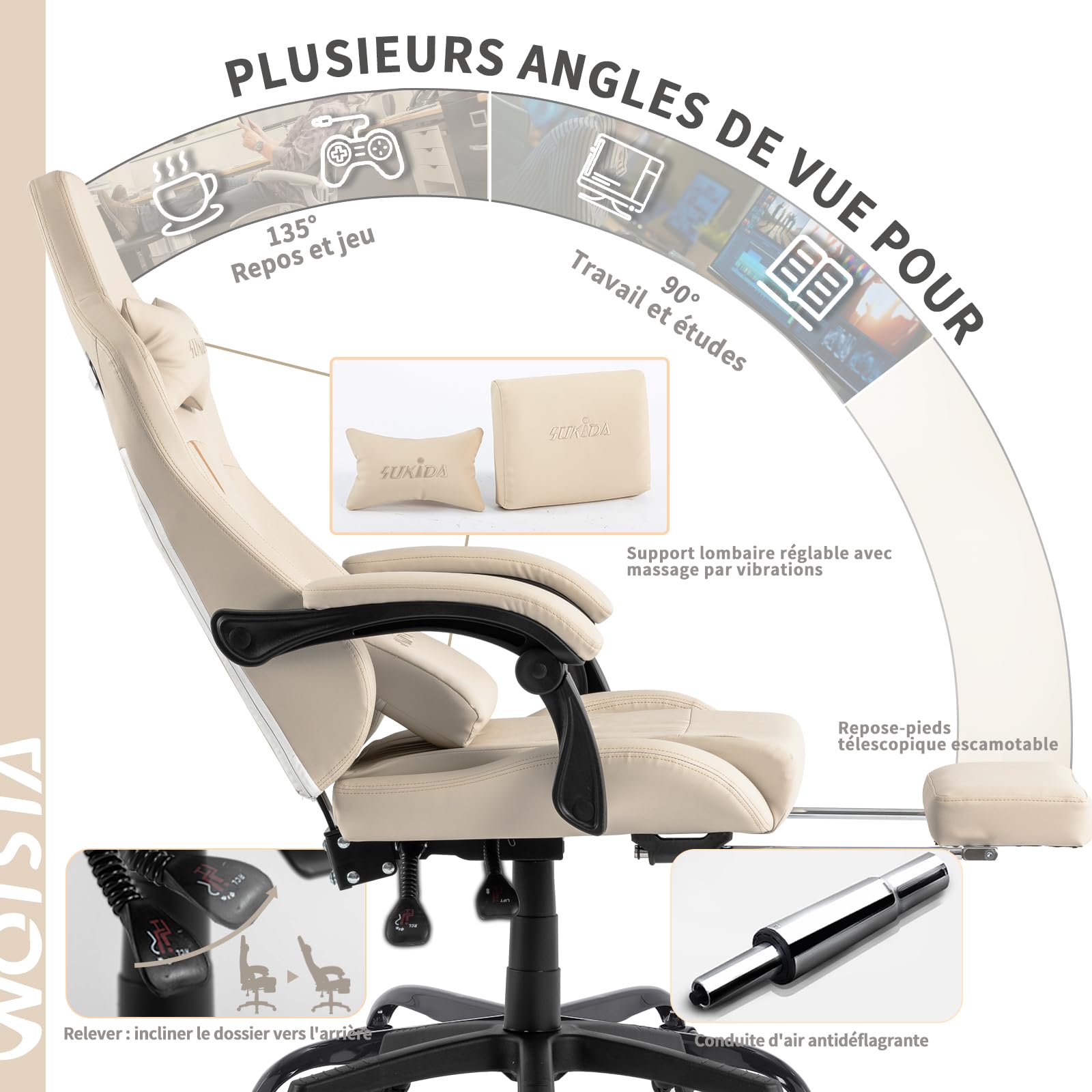 SUKIDA Chaise de gaming ergonomique avec repose-pieds - Chaise de bureau ergonomique avec support lombaire - Beige