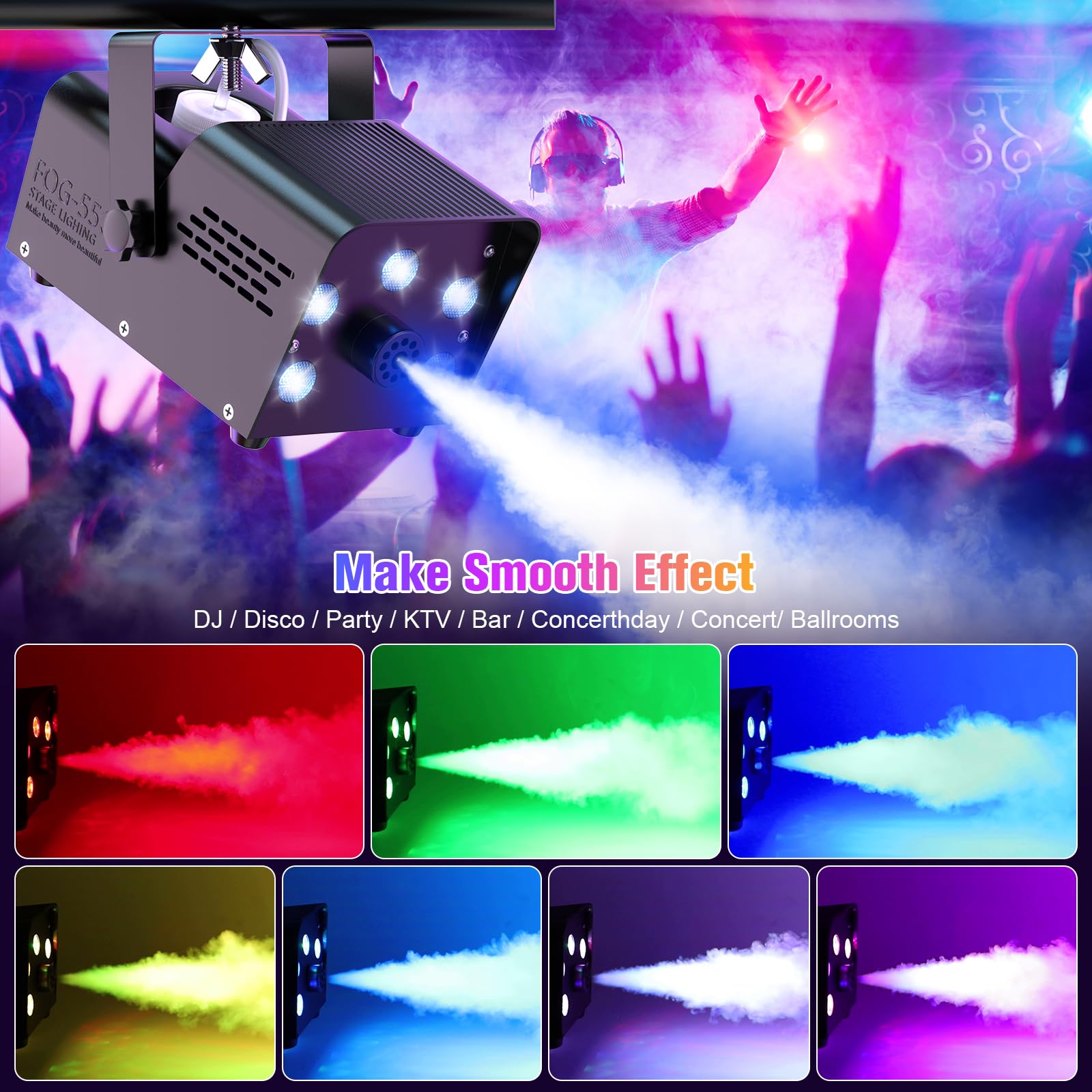 Nebelmaschine,500W Mini Fog Rauchmaschine mit 5 LED Licht, RGB Effekt Nebelmaschine mit Drahtloser Fernbedienung für DJ Party Hochzeitsfeiern Bühnenauftritte und HalloweenWeihnachten