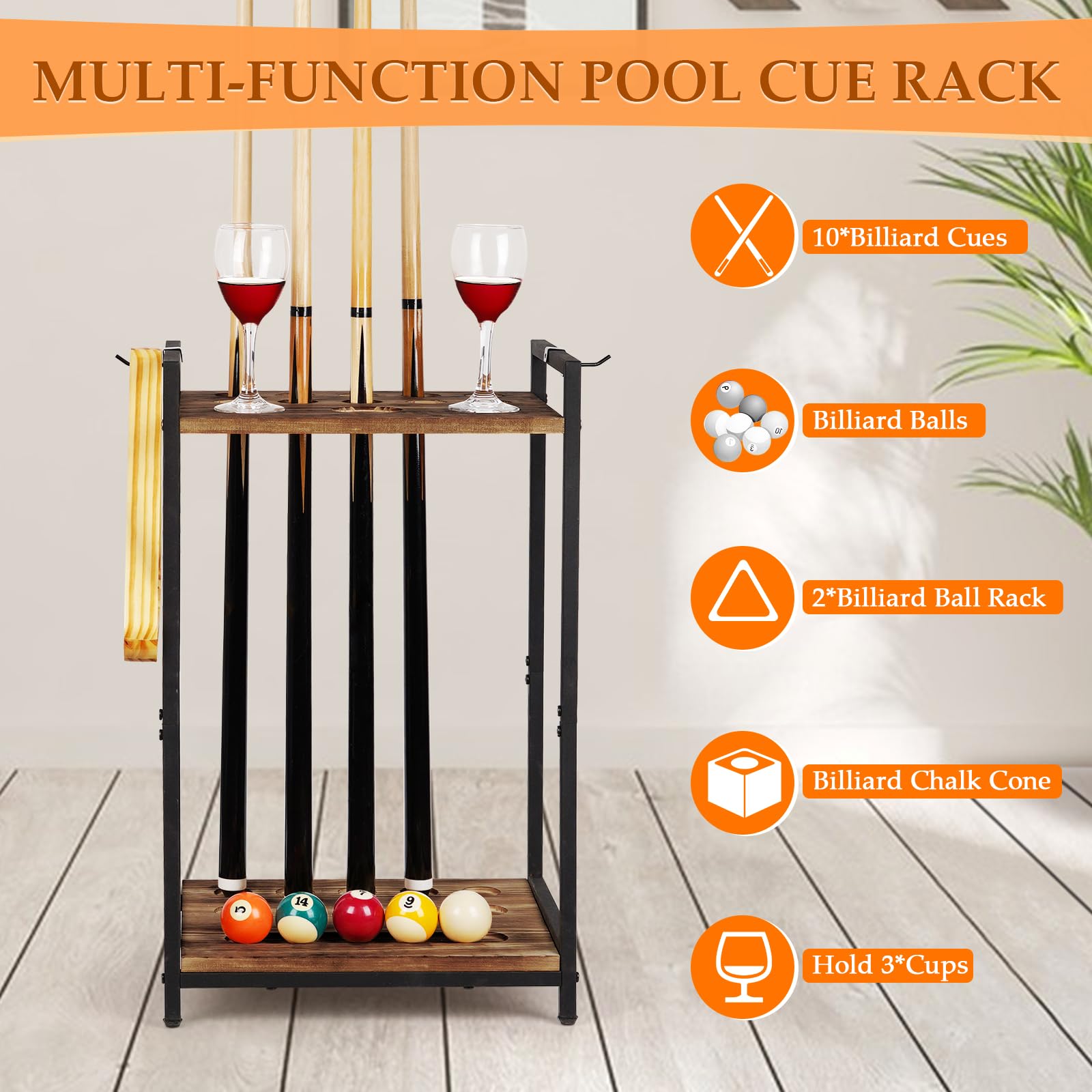 Support De Sol Pour 10 Queues De Billard SanBouSi – Bois, 10 Trous, Rétro, Avec Base Large Et Fixation Stable