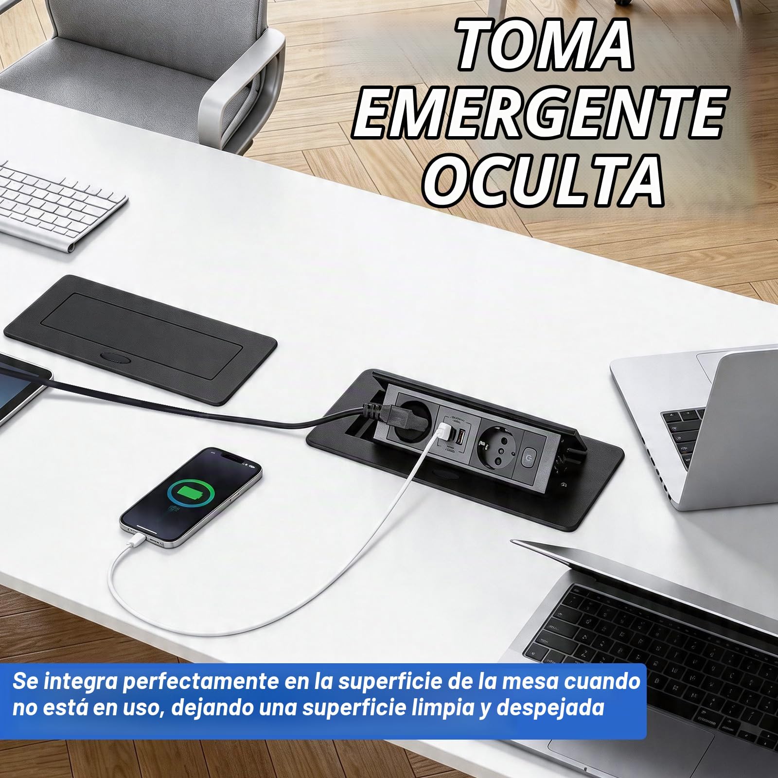 CPROSP Regleta Empotrable de Mesa con 2 Enchufes y 3 USB (2A+1C)