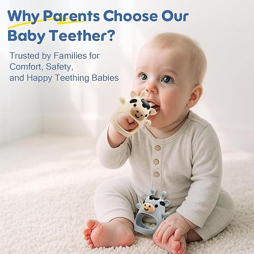 Miniatura 2 de TOHIBEE Paquete de 2 juguetes de dentición para bebés de 0-6 6-12 meses, guantes de dentición de vaca ajustables de silicona de grado alimenticio,
