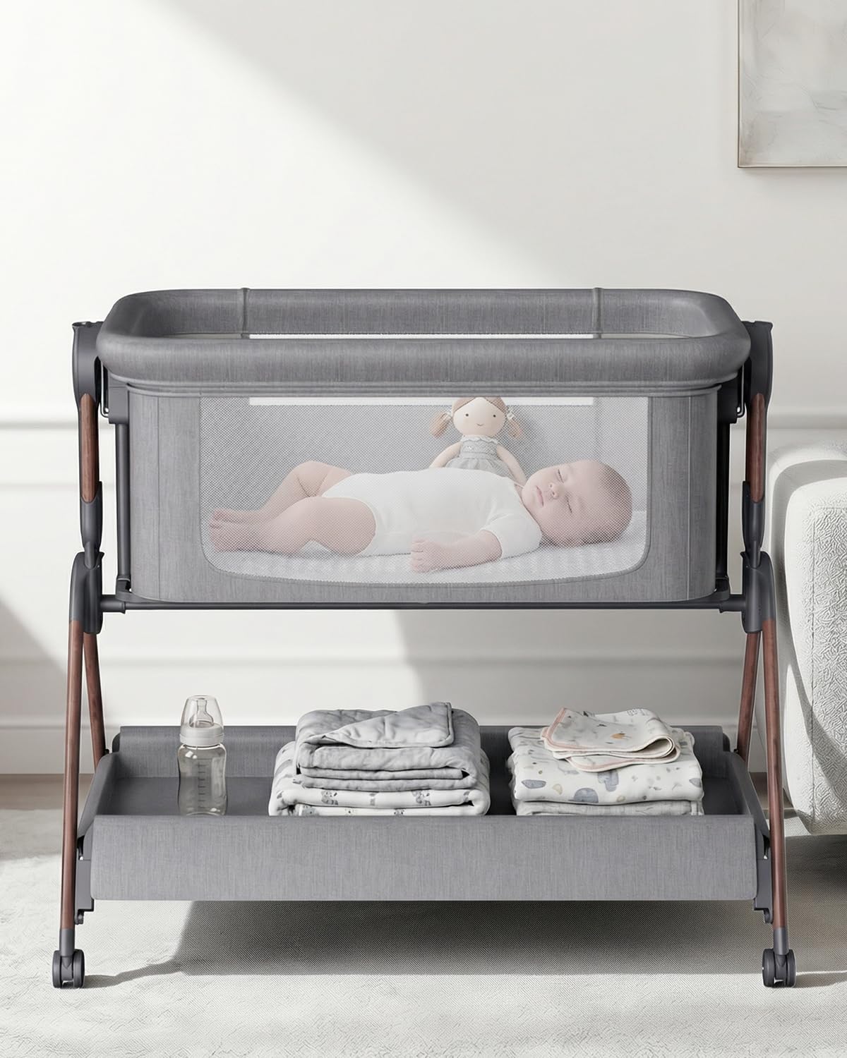 Winchild Bassinet - Baby Bassinet,3-in-1 Baby Bassinet Bedside Sleeper, Rocking Bassinet with Wheels,Comfy Mattress,Breathable Mesh,Storage,6 Height