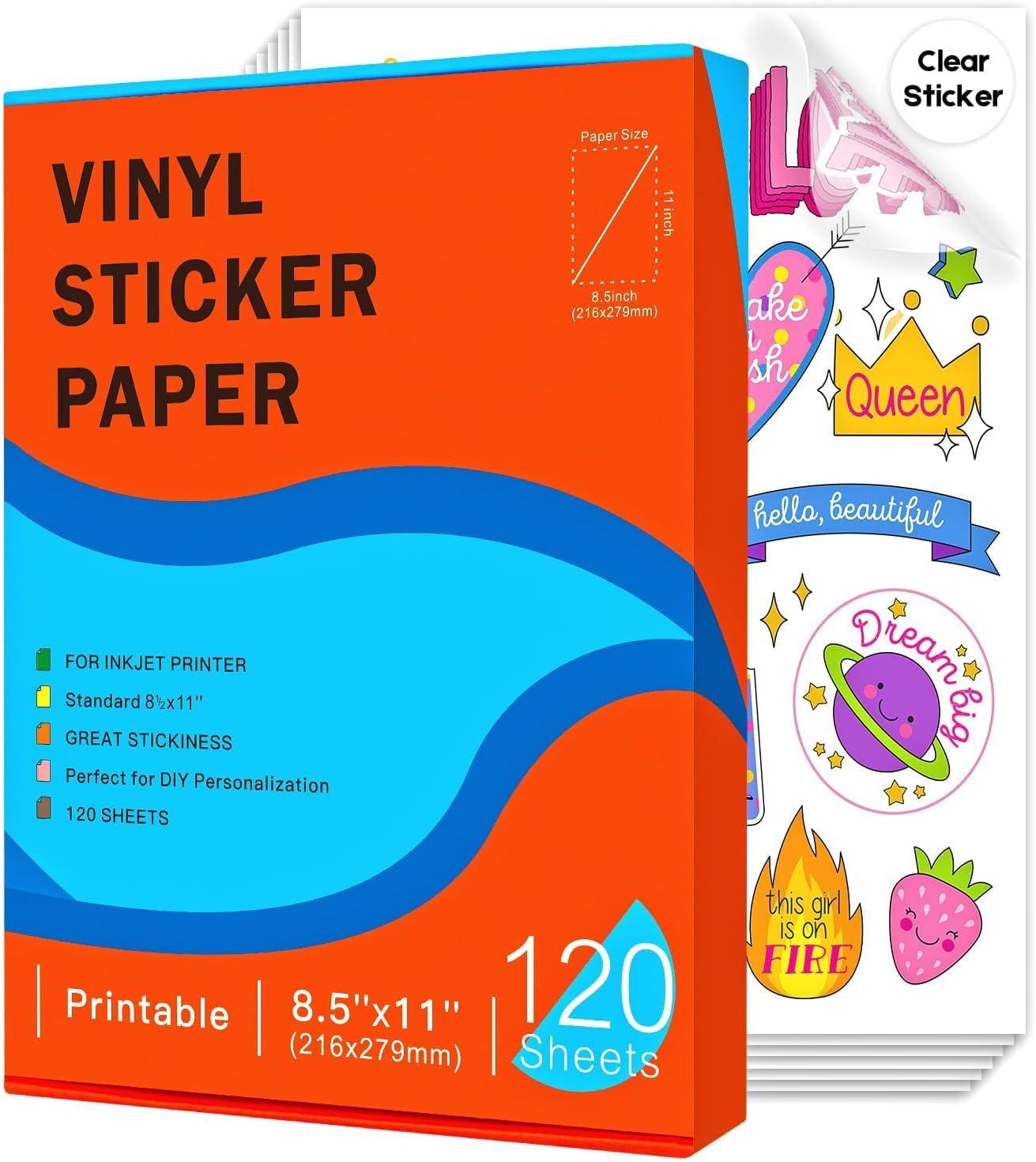 120 Sheets Printable Clear Vinyl Sticker Paper for Inkjet Printers, Transparent Paper of 8.5x11"DIY Personalized Self-adhesive Paper That Is Tear Resistant, Waterproof Labels, Easy to Cut