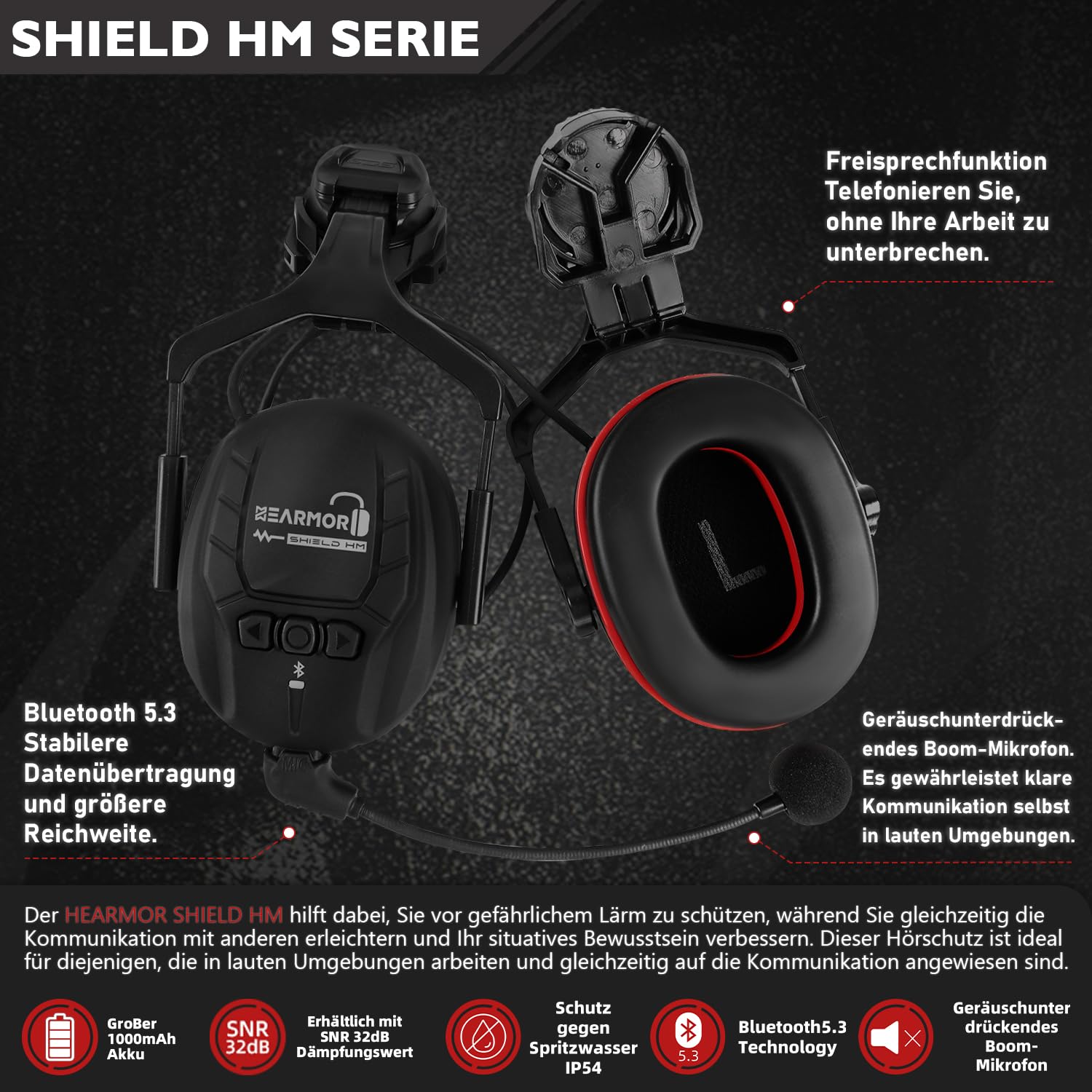 HEARMOR Bluetooth Hartschalen-Gehörschutz, SNR 32dB Lärmschutz, am Helm befestigter Gehörschutz für Mäharbeiten und lärmintensive Arbeiten