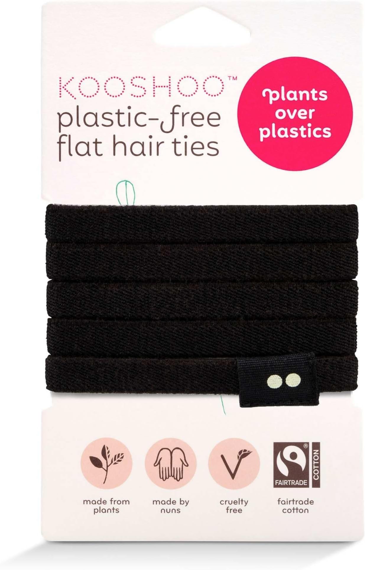 KOOSHOO Plastic-Free Flat Hair Accessories - Organic Cotton Ties for Thick Hair, Girls, Toddlers & Babies. No-Damage Plant-Based Ties. 5ct