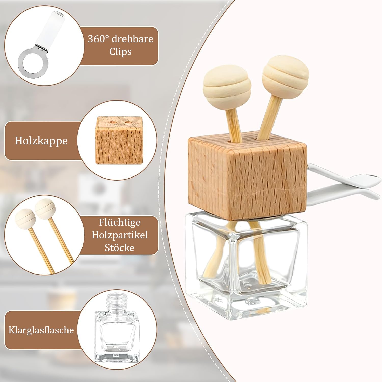 50 ambientadores para coche, 8 ml, de cristal vacío, con clip y tapa de madera, rellenables, con varillas de fragancia