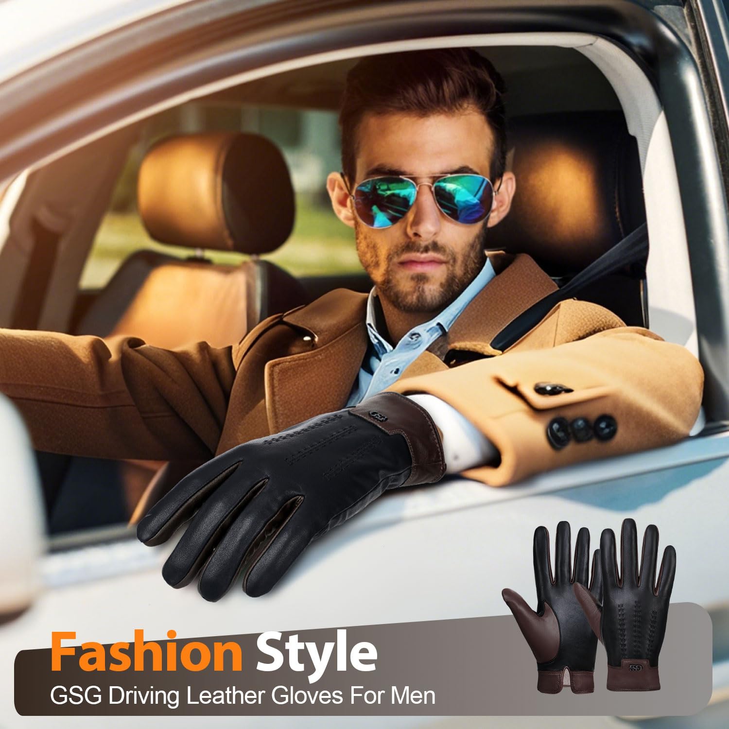 GSG SINCE 1998 Guantes Piel Hombre y Cuero – Cuero Auténtico Sin Cromo, Compatibles con Pantalla Táctil, Guantes de Invierno para Conducir con Forro de Cachemira M180807